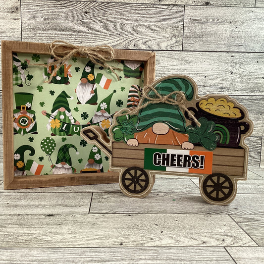 AGD St Patrick's Decor - Cheers Irish Gnome Chunky Wagon Inset Sign 2pc Set