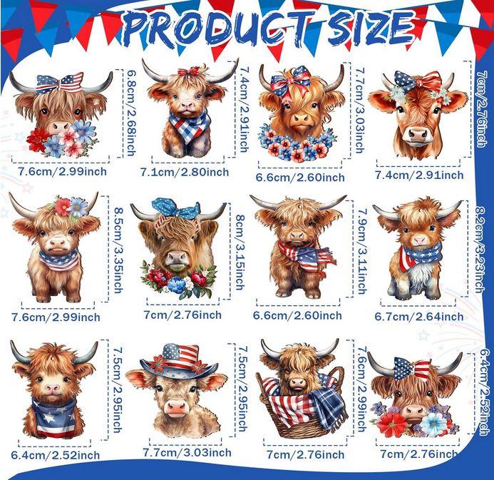 Patriotic Craft Decor - American July 4th Highland Cow Ornaments 12pc