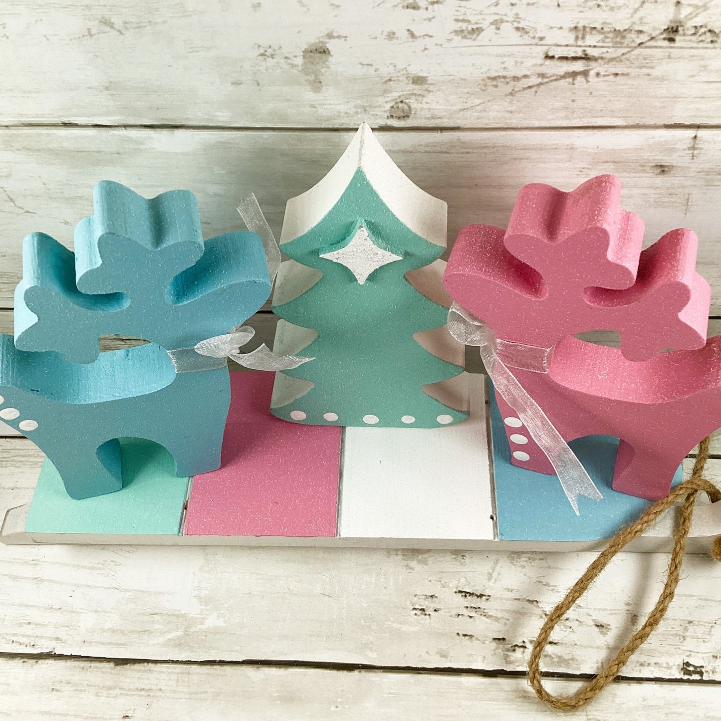 AGD Christmas Decor - Pastel Mid Century Sled Reindeer Tier Tray 4pc Set