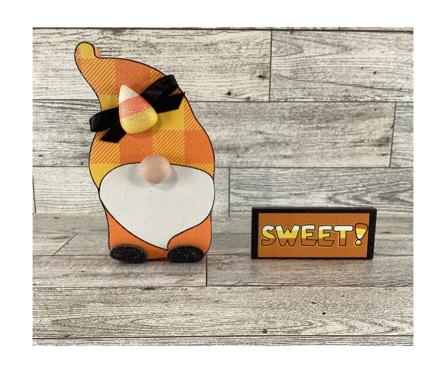 AGD Halloween Decor -  Candy Corn Sweet Gnome and Sign 2pc Set