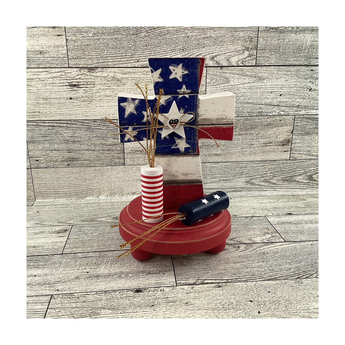 AGD Patriotic Decor - American Flag Decoupage Cross Pedestal Display