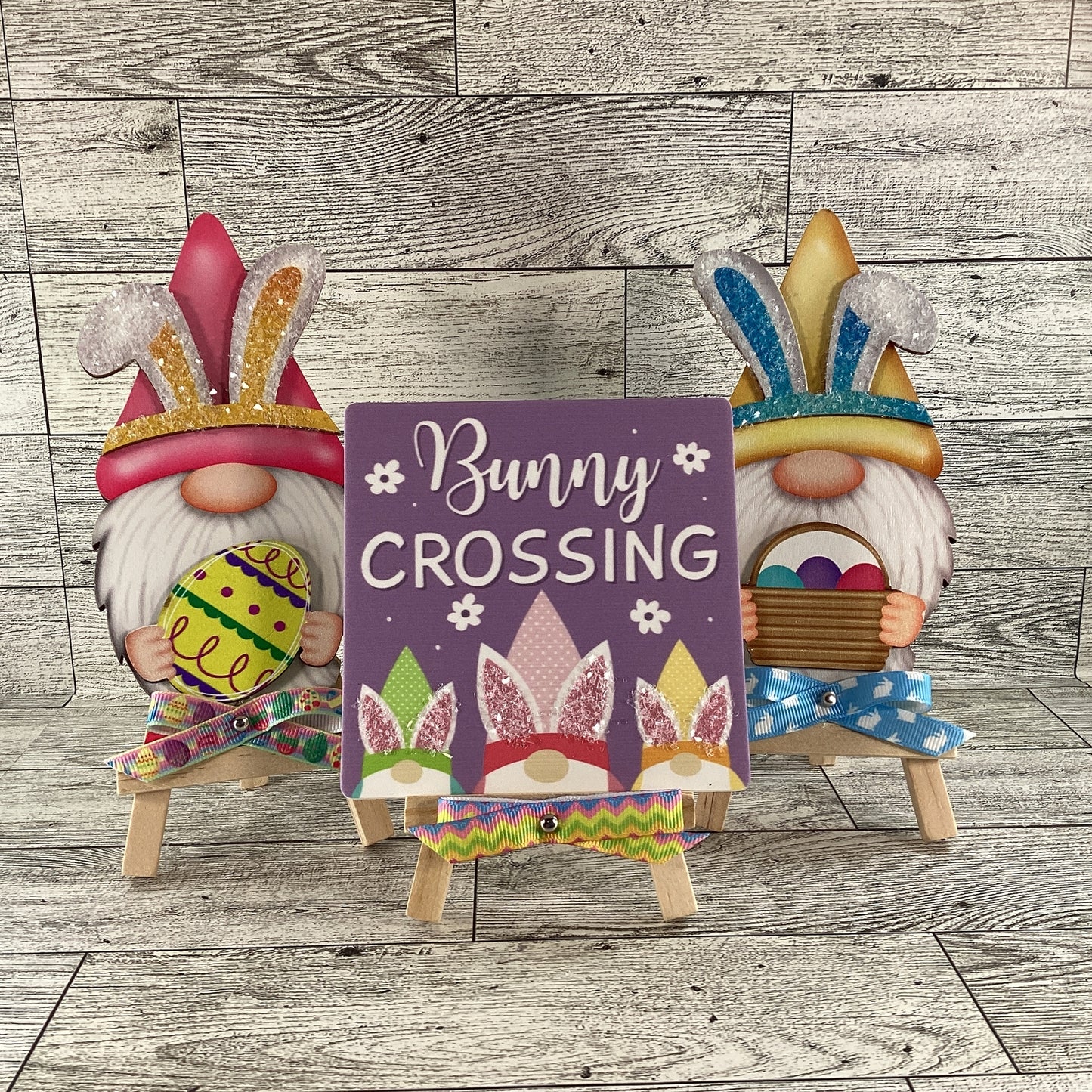 AGD Easter Decor - Wood Gnome Glitter Bunny Rabbit Tier Tray 3pc Set