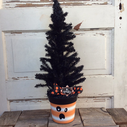 AGD Halloween Decor - Ghost Ghoul Face Artificial Black Canadian Pine Tree 2ft.