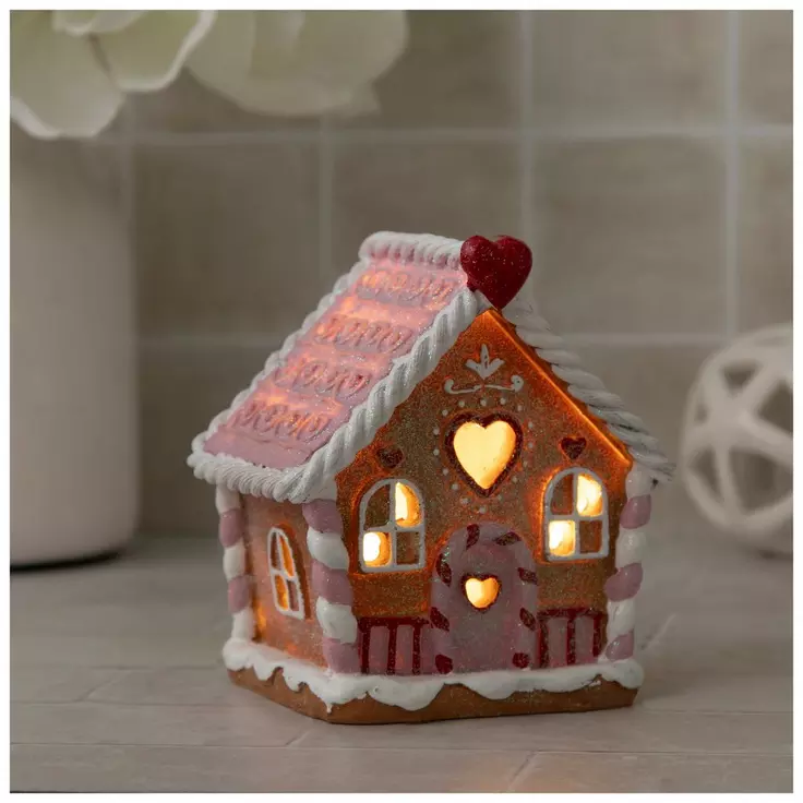 HL Valentines Decor - Pink White Glitter Light-Up Gingerbread House