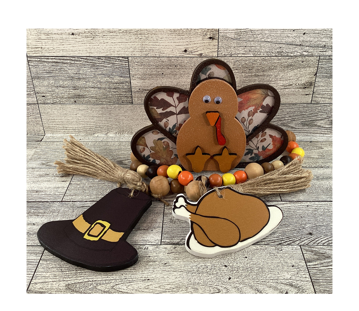AGD Fall Decor - Wood Turkey Gobble Fat Pants Gravy Pilgrim Garland Tier Tray