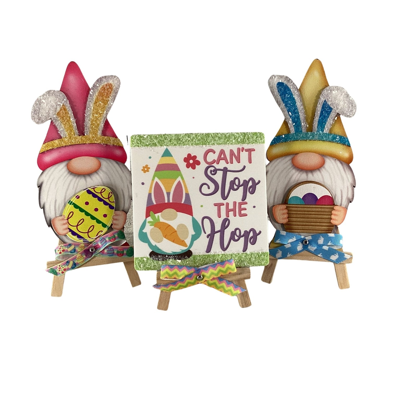 AGD Easter Decor - Wood Gnome Glitter Bunny Rabbit Tier Tray 3pc Set