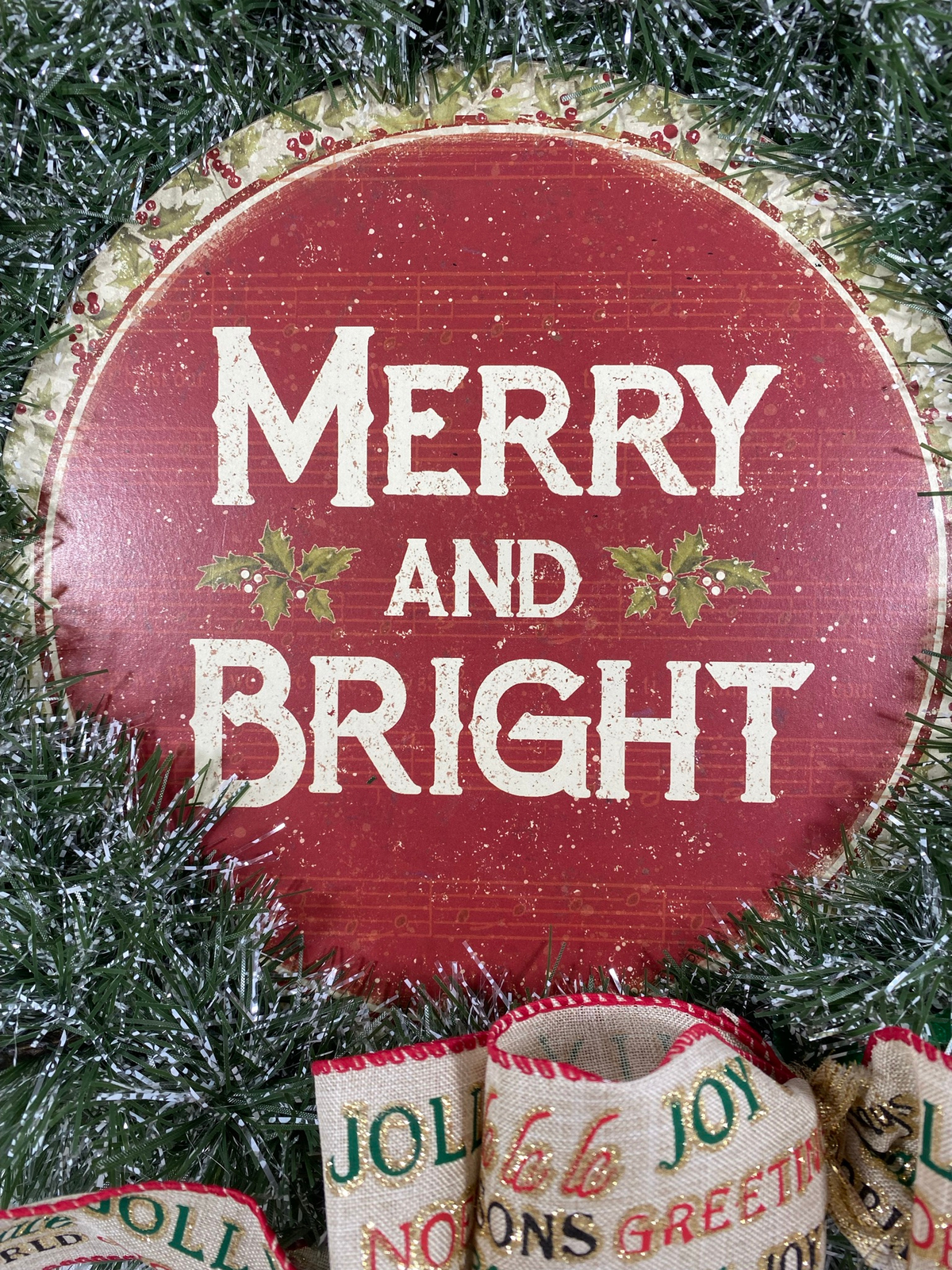 AGD Christmas Decor - Faux Pine Merry and Bright Lighted Tinsel Wreath