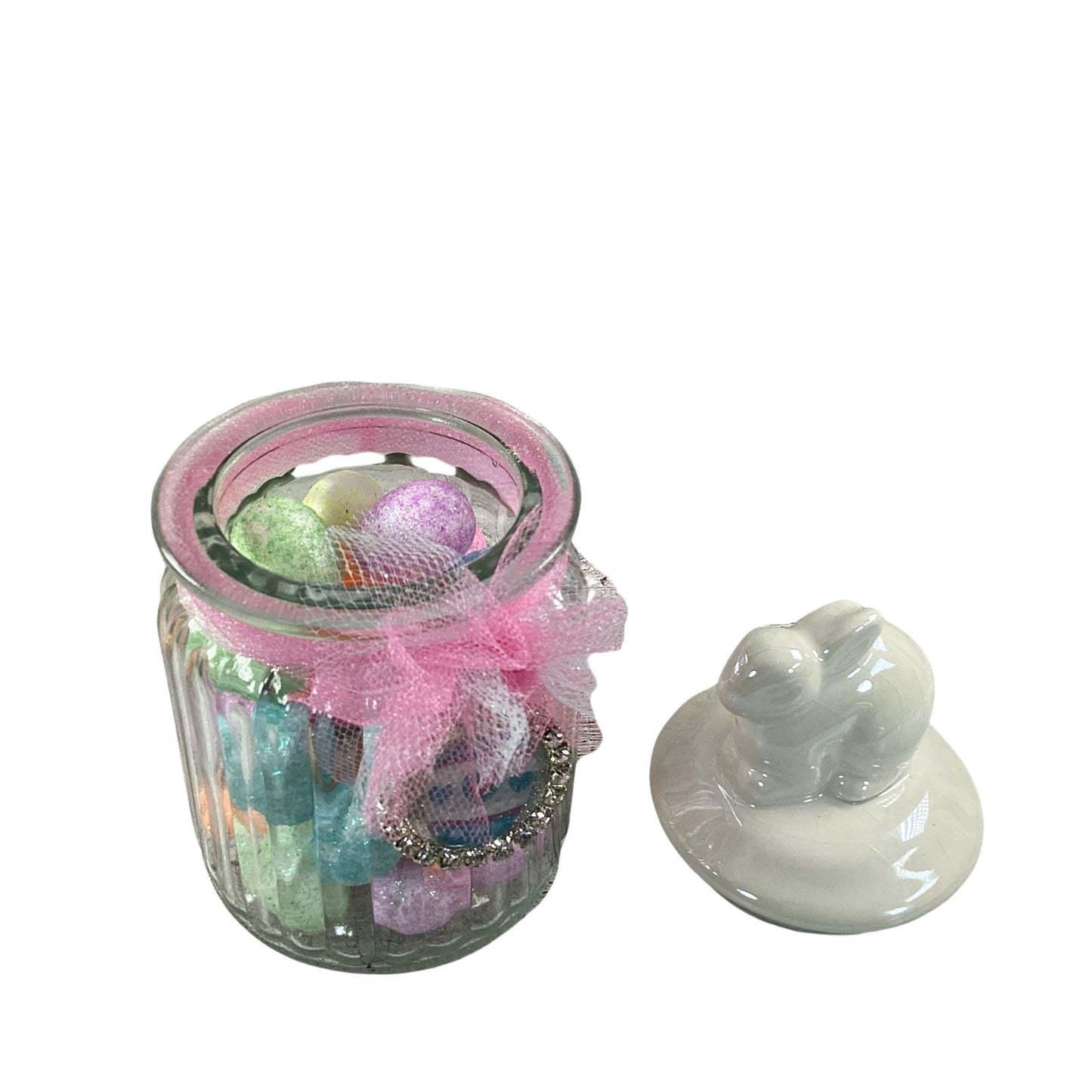 AGD Easter Decor - Small Glass Candy Jar With Foam Glitter Eggs