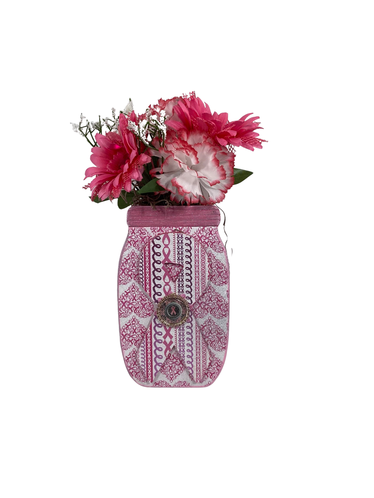 AGD Cancer Support Decor - Pink White Floral Mason Jar Display