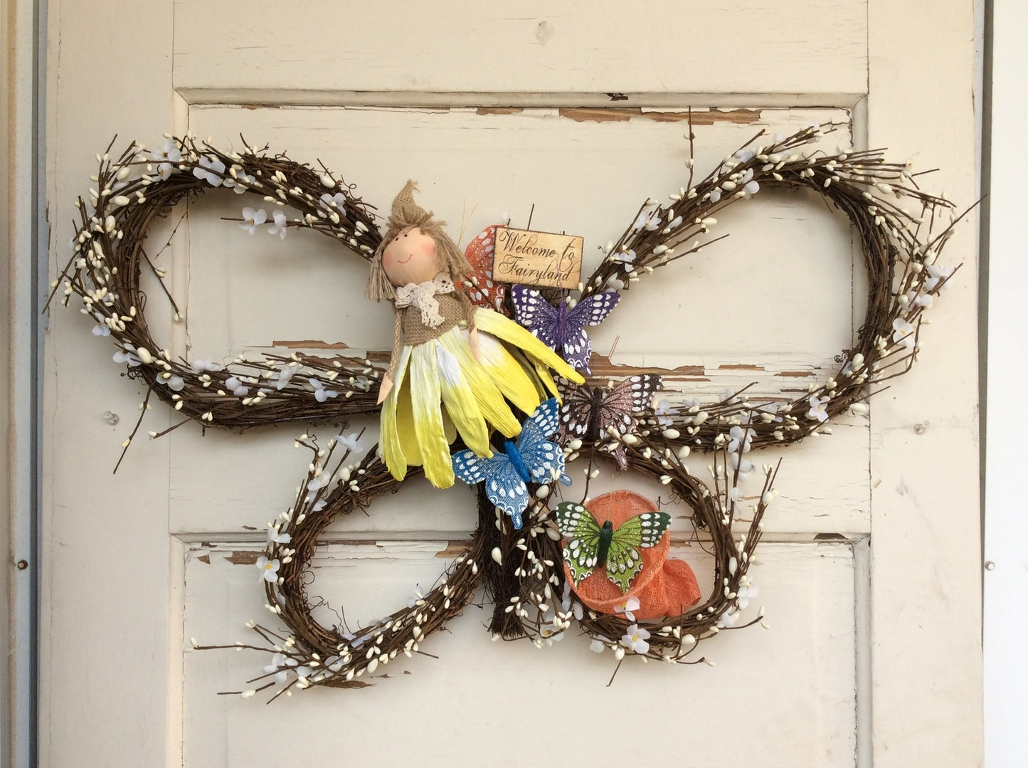AGD Spring Decor - Fairyland Butterfly Pipberry Grapevine Wreath (WH YL)