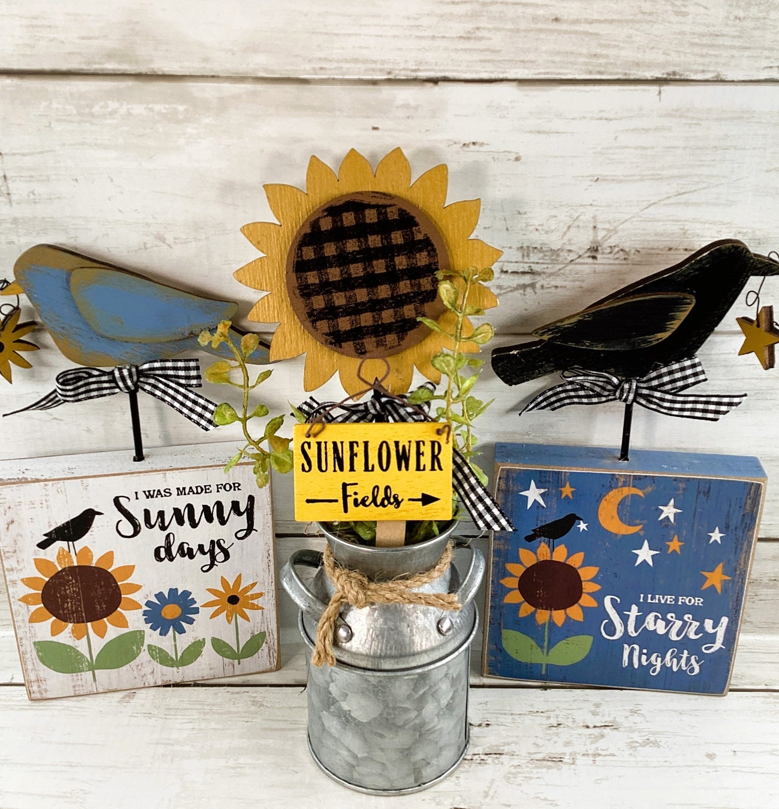 AGD Fall Decor - Farmhouse Sunflower Milk Can Crow Blue Bird 3pc