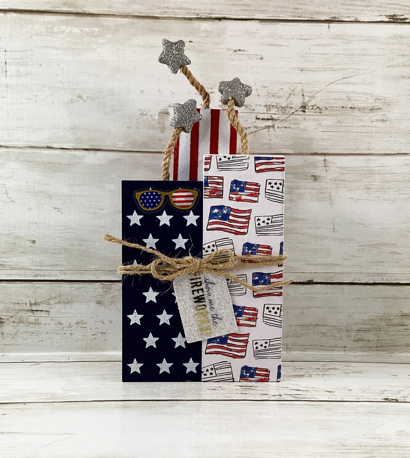 AGD Patriotic Decor - July 4th Chunky Wood Show Me Firecracker Block Sign