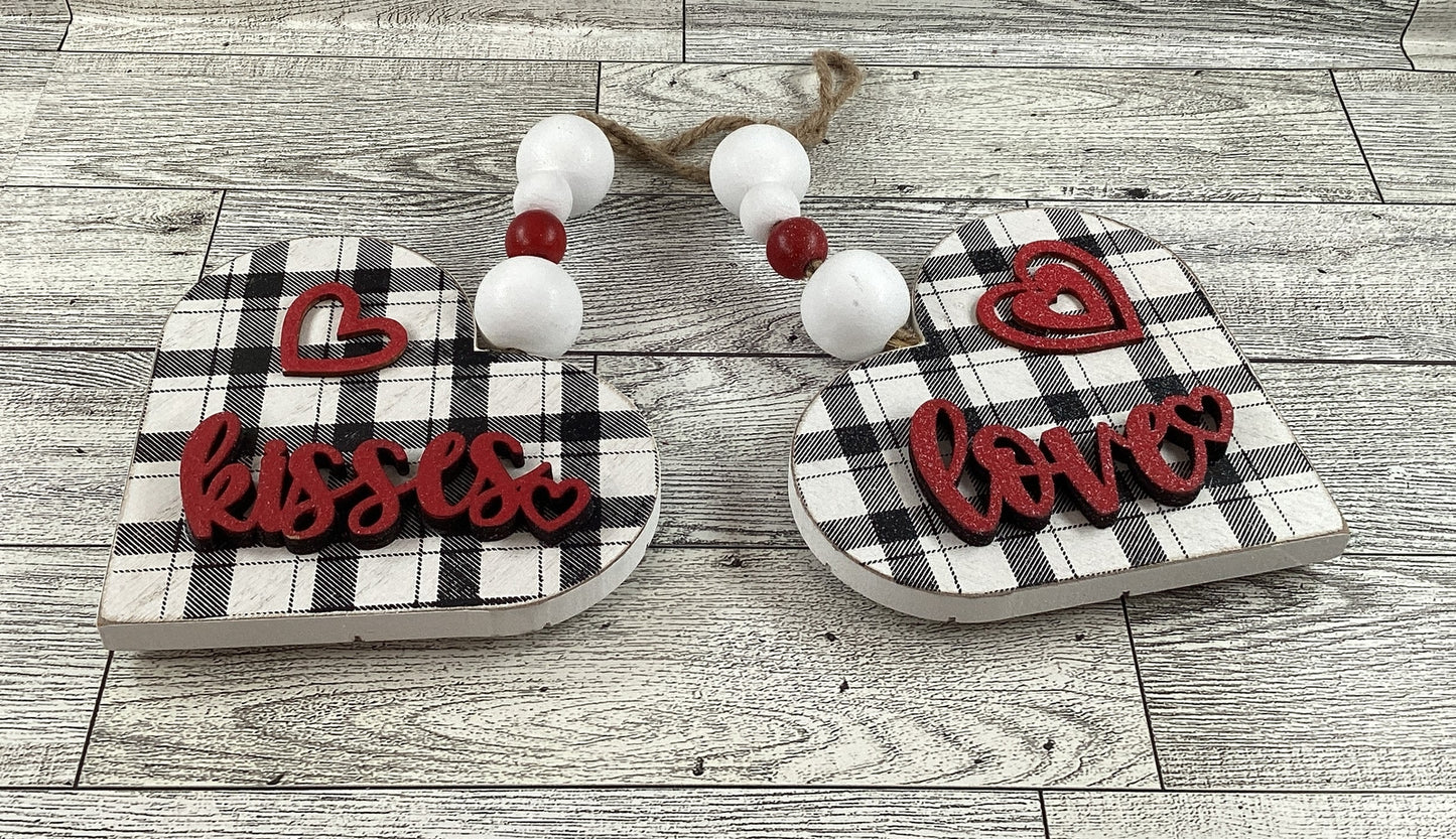 AGD Valentines Decor - Buffalo Plaid Layer Wood Ornaments 2pc Set