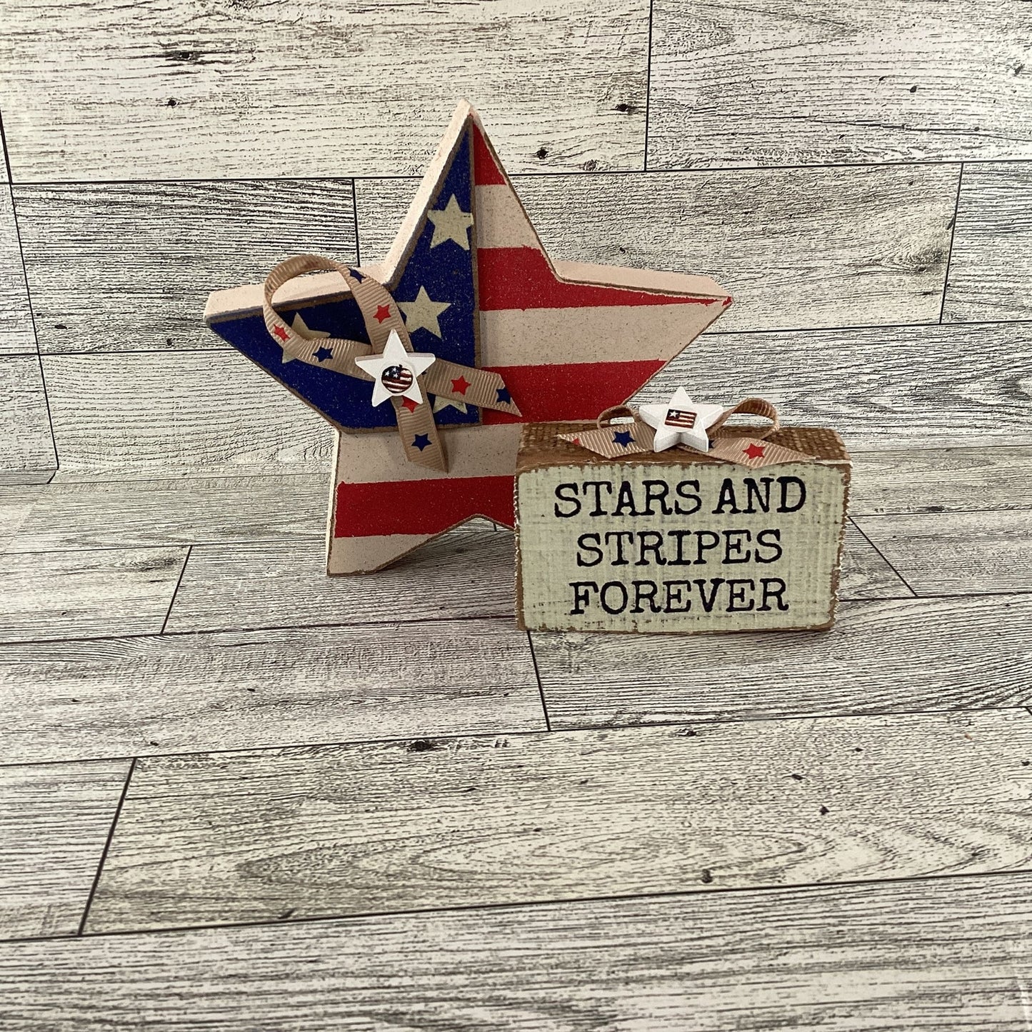 AGD Patriotic Decor - Stars Stripes Block Sign Chunky Wood Star Sitters 2pc Set