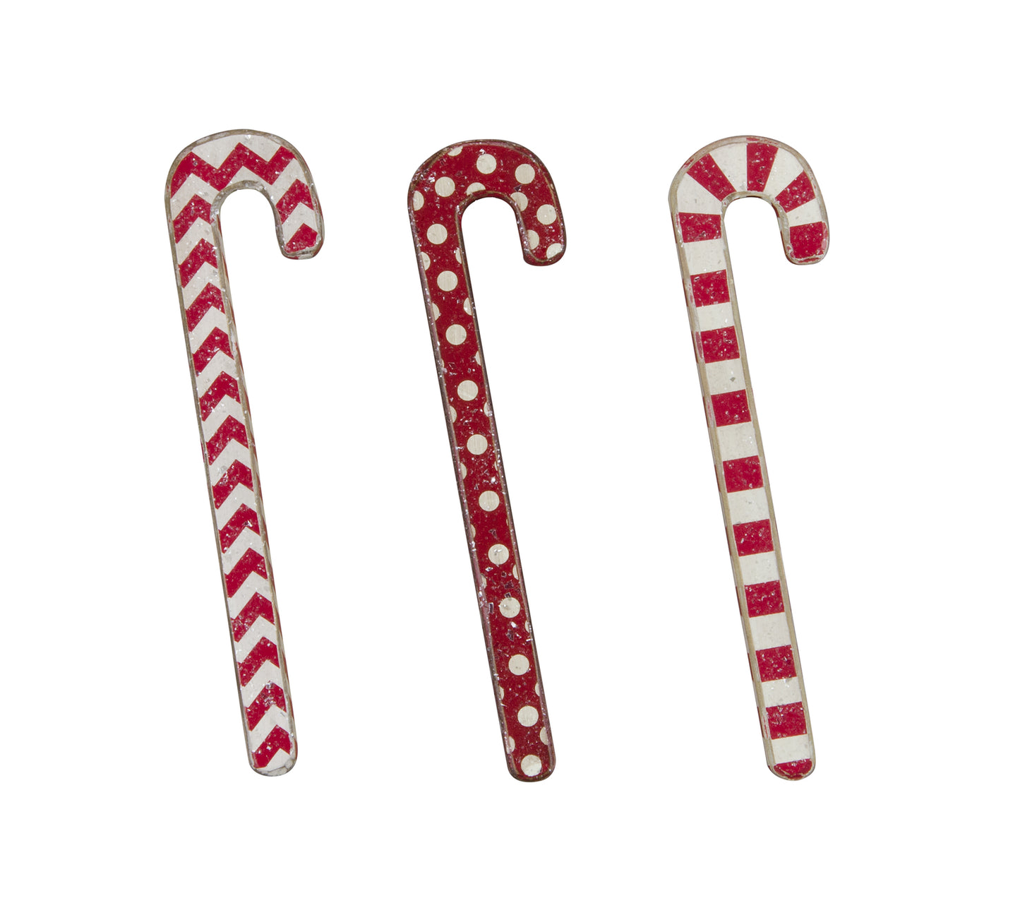 Christmas Decor - Red White Wood Candy Cane Ornaments 3pc Set