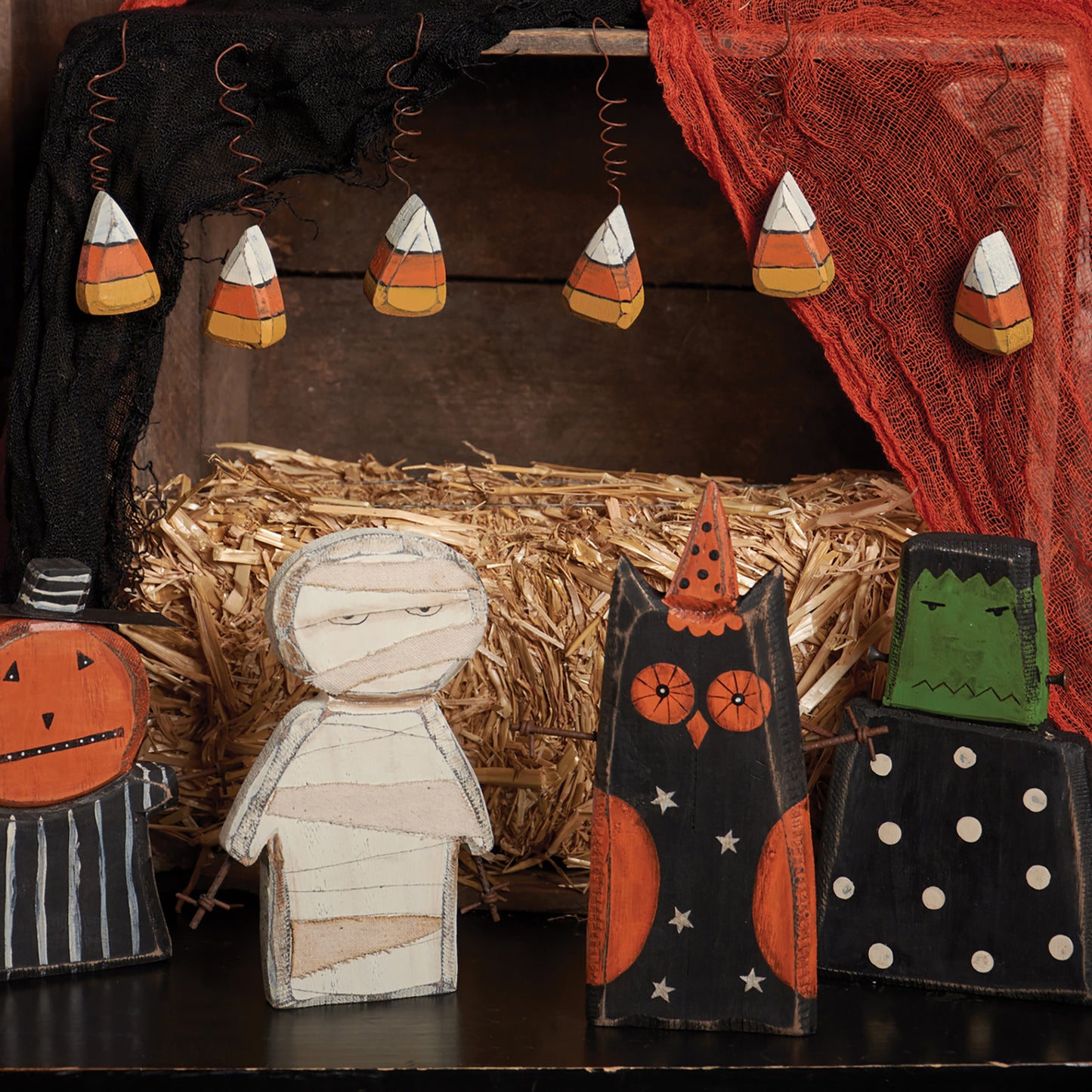 PBK Fall Decor - Prim Chunky Wood Candy Corn Bowl Ornaments 6pc Set