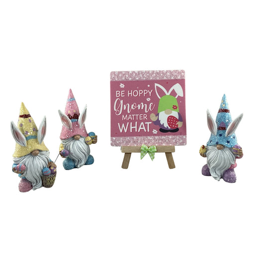 AGD Easter Decor - Resin Gnome Glitter Bunny Rabbit Tier Tray 4pc Set (A)