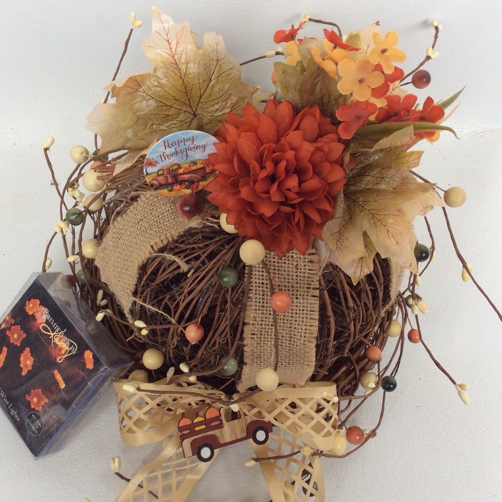 AGD Fall Decor- Happy Thanksgiving Floral Grapevine Pumpkin Display
