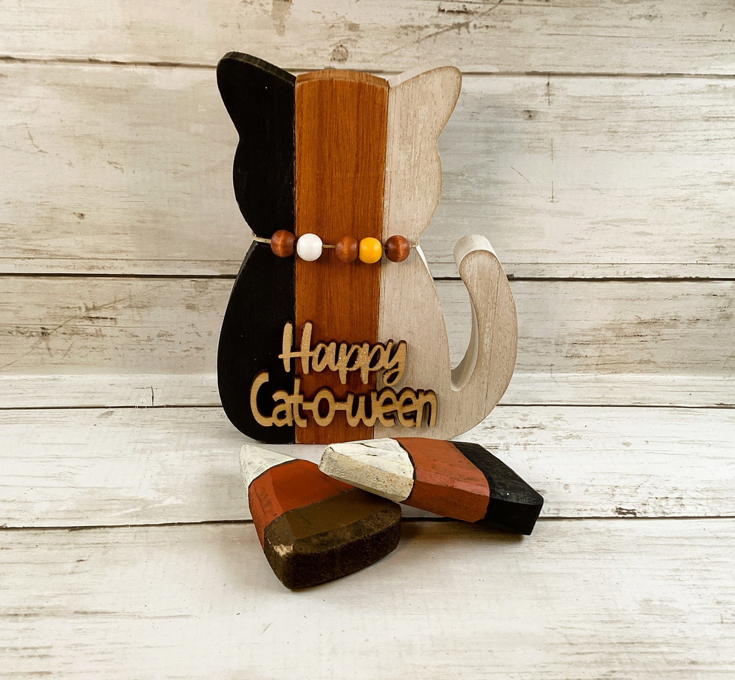 AGD Halloween Decor - Black White Orange Slat Cat anc Candy Corns 3pc