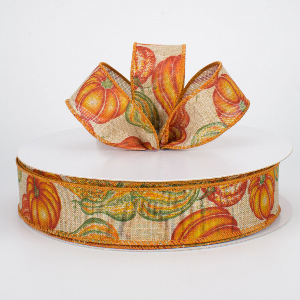 CO Fall Craft Supply - Pumpkin Gourds Natural Linen Ribbon 1.5-inch 50yd Roll