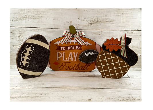 AGD Fall Decor - Time to Play Football Acorn Wood Sitters 3pc Set