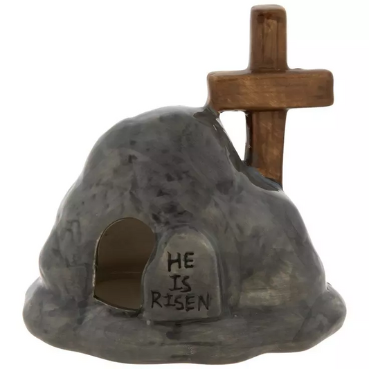 HL Easter Decor - Small He Is Risen Light-up Ceramic Tomb