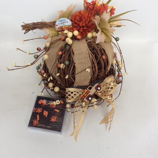 AGD Fall Decor- Happy Thanksgiving Floral Grapevine Pumpkin Display