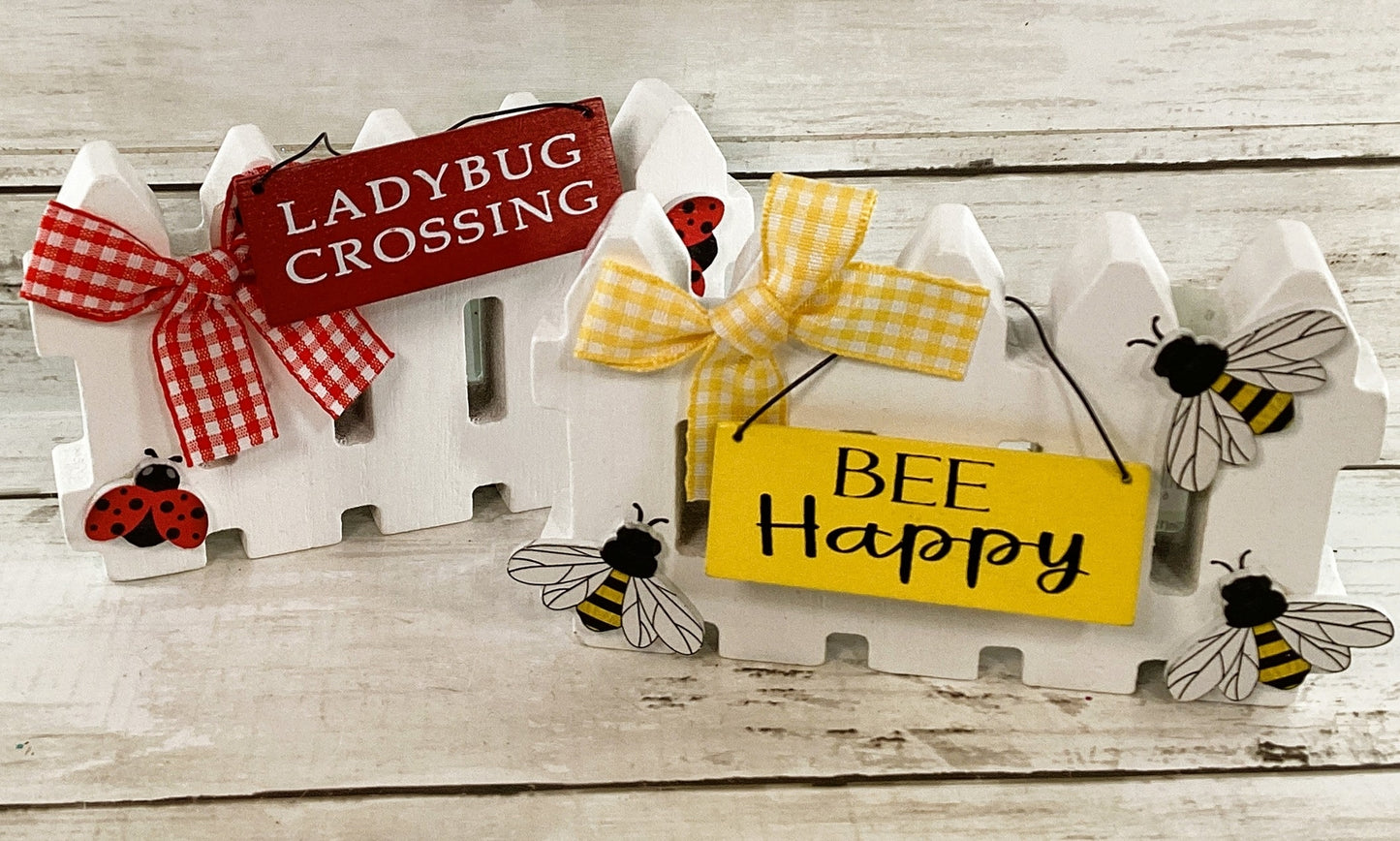 HL Spring Decor - Lady Bug or Bee Chunky Wood Fence Tier Tray Decor