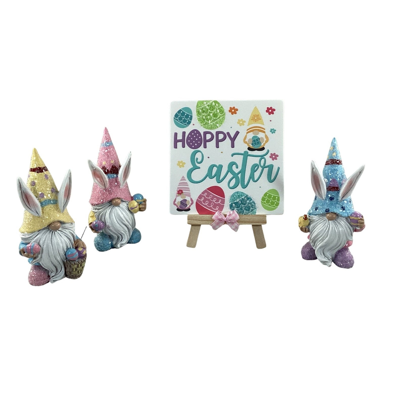 AGD Easter Decor - Resin Gnome Glitter Bunny Rabbit Tier Tray 4pc Set (C)