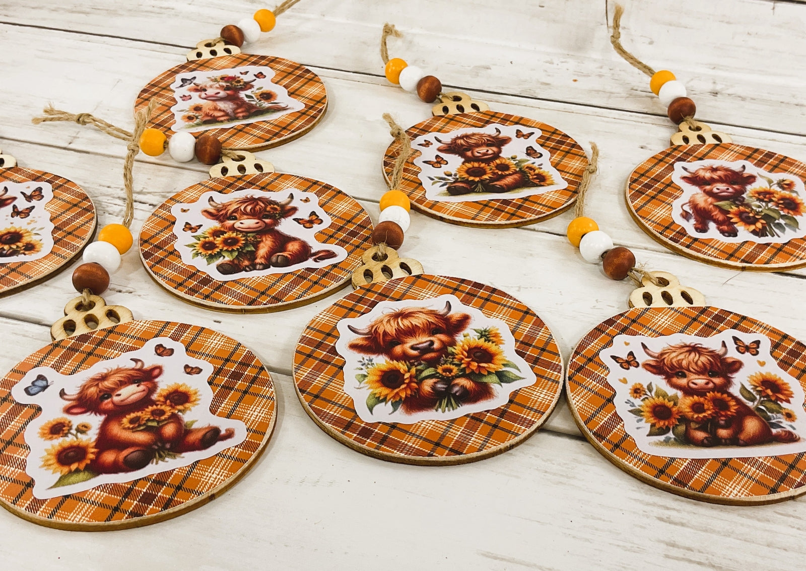 AGD Fall Decor - Sunflower Highland Cow Wood Ornaments 8pc Set