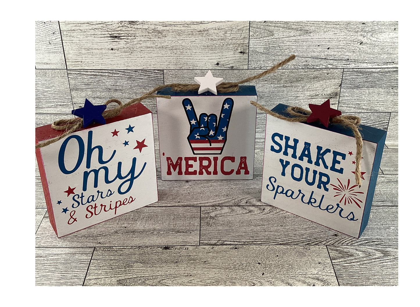 AGD Patriotic Decor - July 4th Chunky Wood Blocks and Milk Can 4pc Set