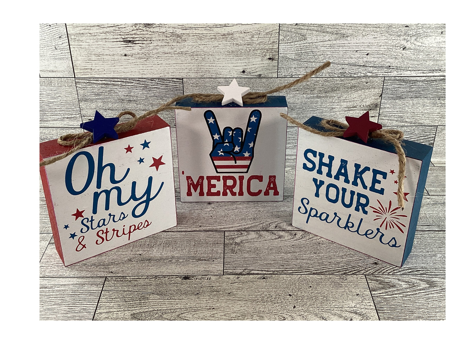 AGD Patriotic Decor - July 4th Chunky Wood Blocks and Milk Can 4pc Set
