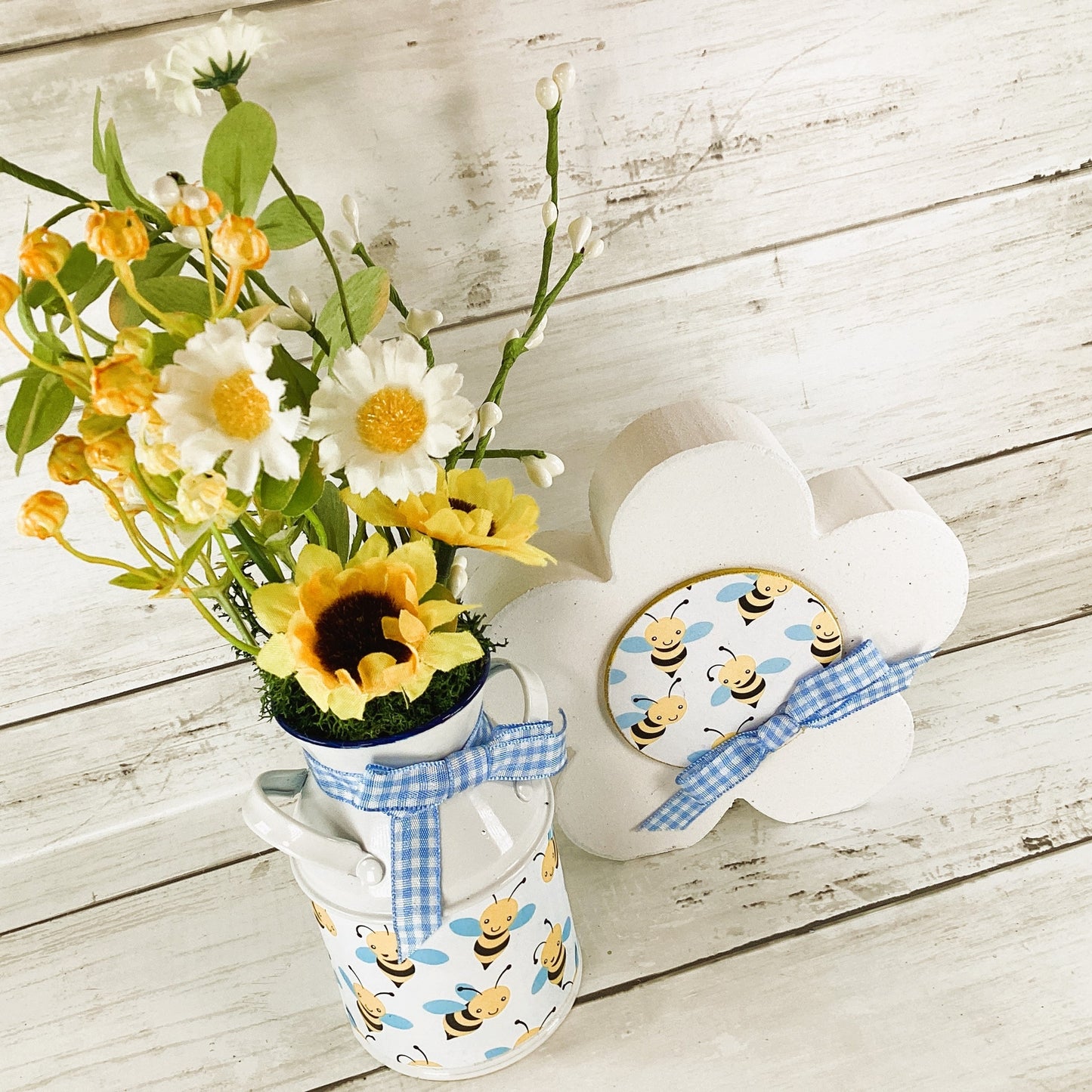 AGD Spring Decor - Summer Bee Theme Flower Milk Can Floral 2pc Set