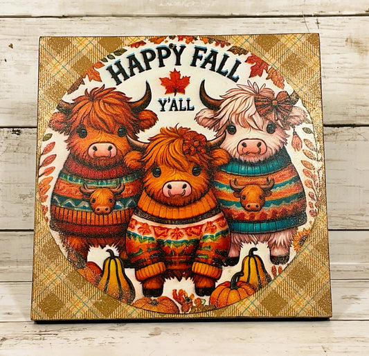 AGD Fall Decor -Happy Fall Highland Cows Easel-back Sign