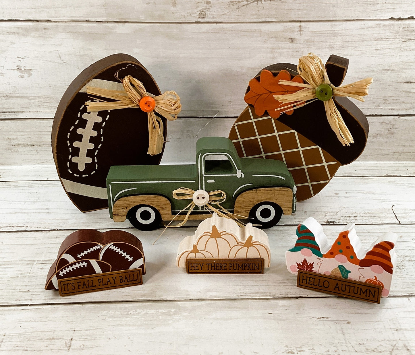 AGD Fall Decor - Wood Truck Football Autumn Acorn Pumpkin Tier Tray 5pc