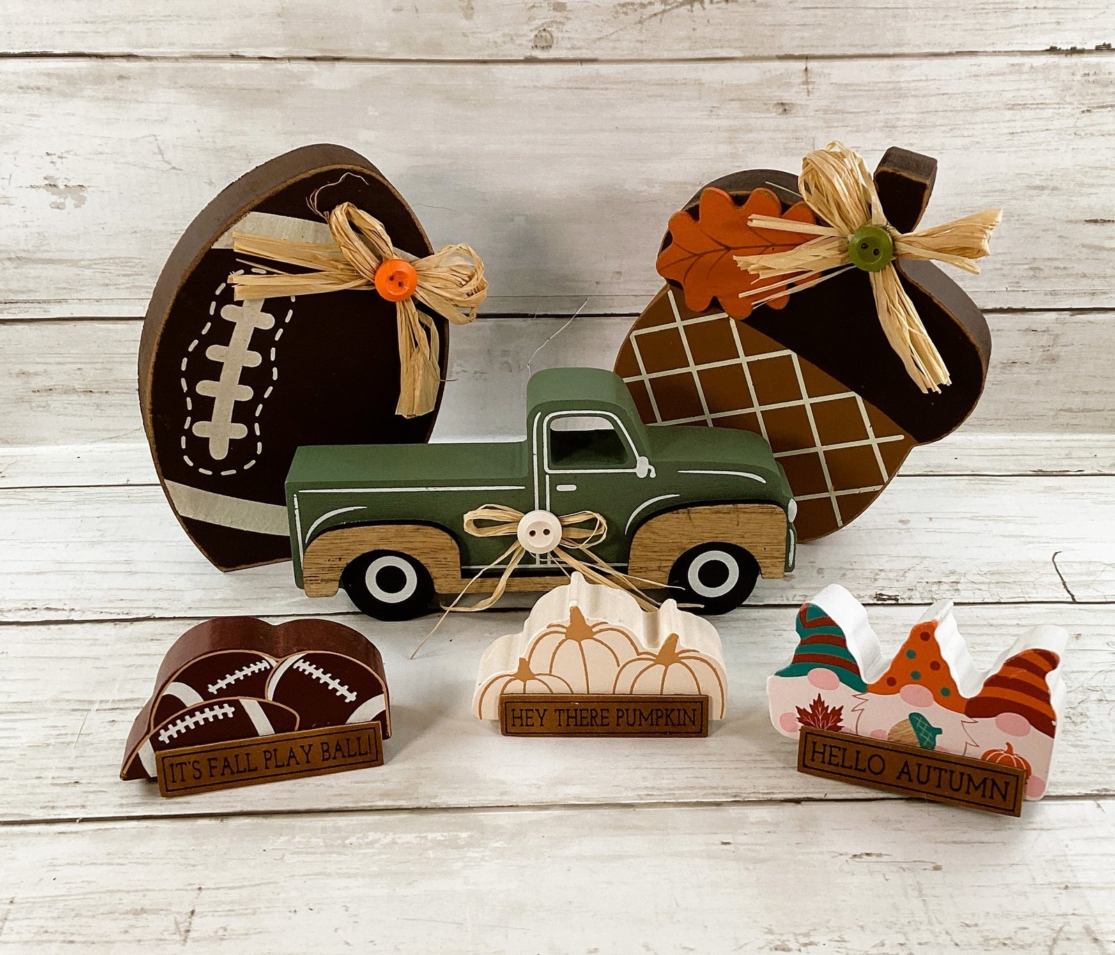 AGD Fall Decor - Wood Truck Football Autumn Acorn Pumpkin Tier Tray 5pc
