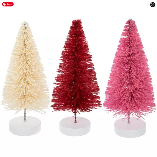HL Valentines Decor - Muted Red Pink Cream Sisal Bottlebrush Trees 3pc