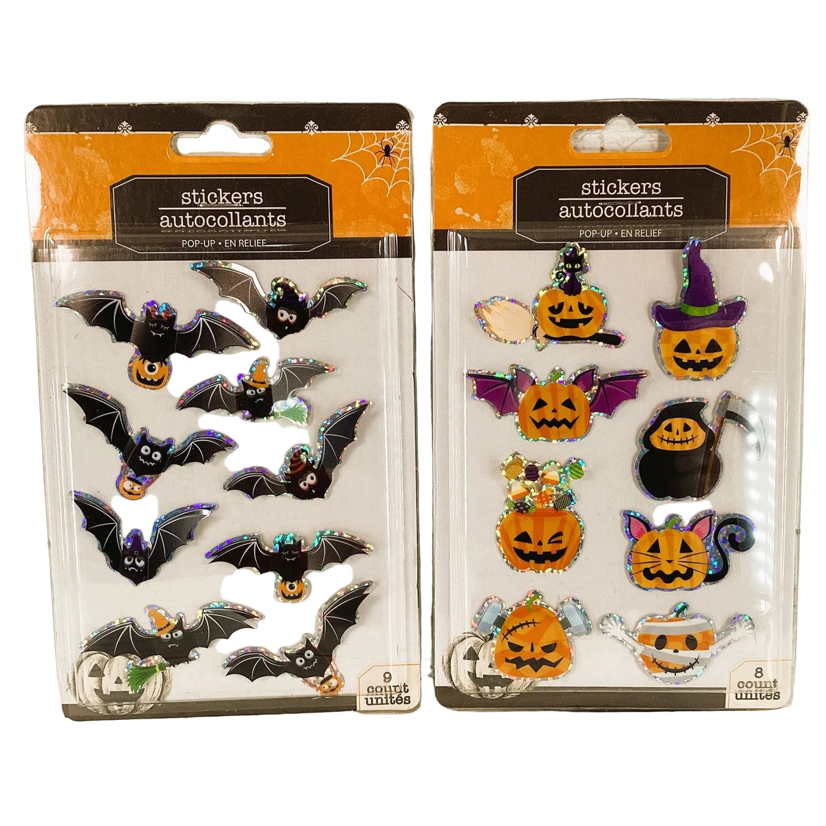 DT Halloween Craft Supply - 3-D Jack0-Lantern Bat Glitter Stickers 6pc Set