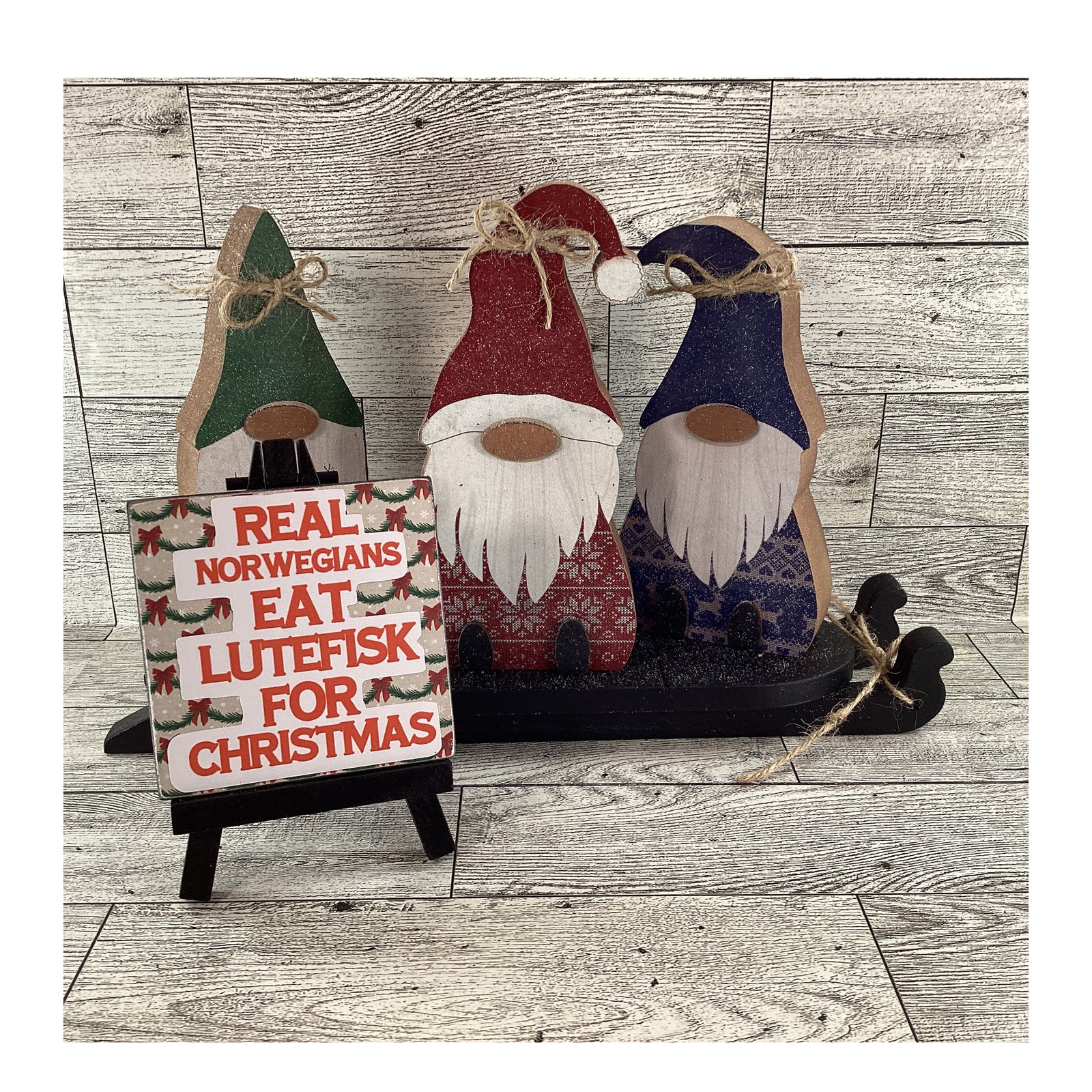 AGD Christmas Decor - Lutefisk Chunky Wood Gnome Sled Display 5pc