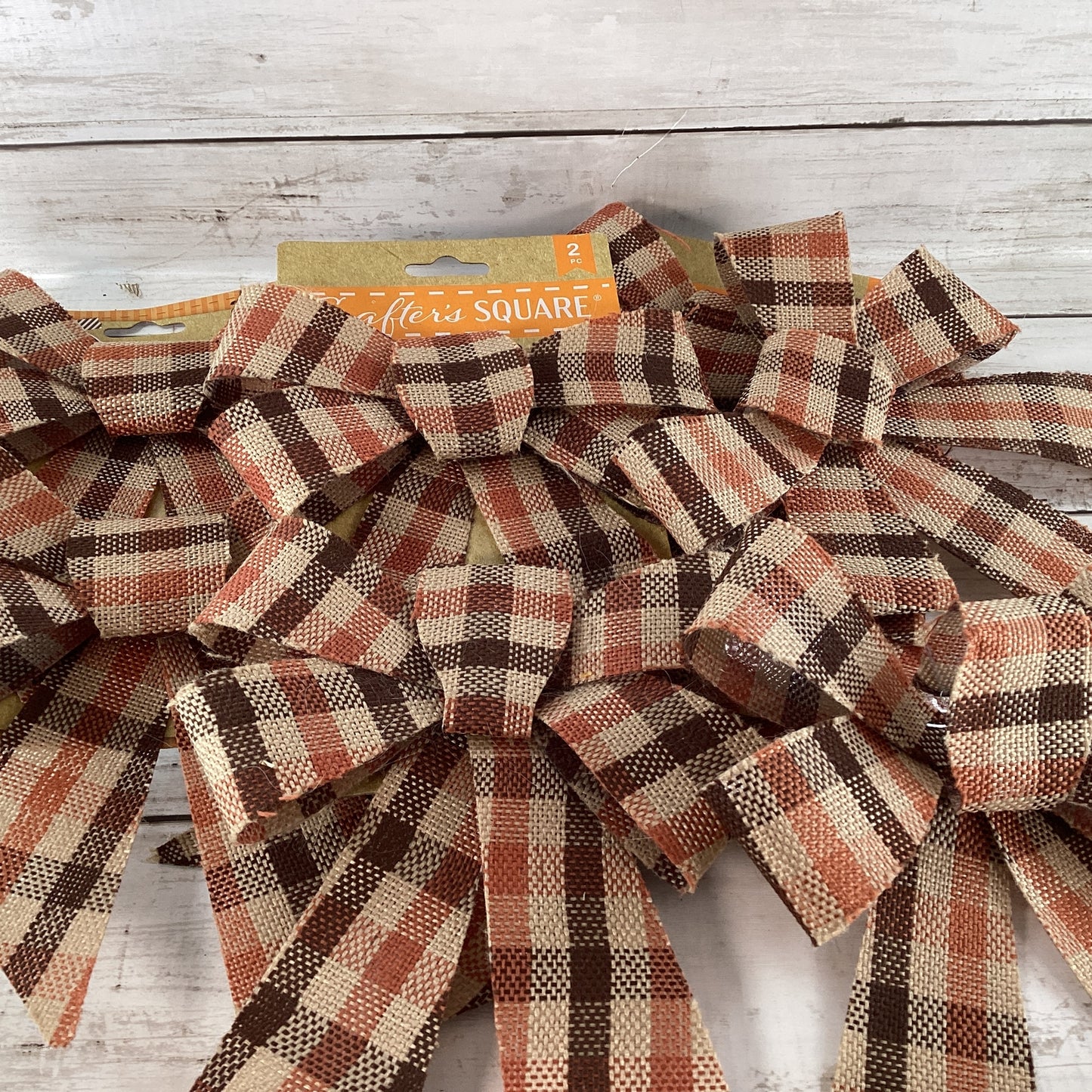 DT Fall Craft Supply - Small PVC Brown Tan Plaid Bows 8 bows