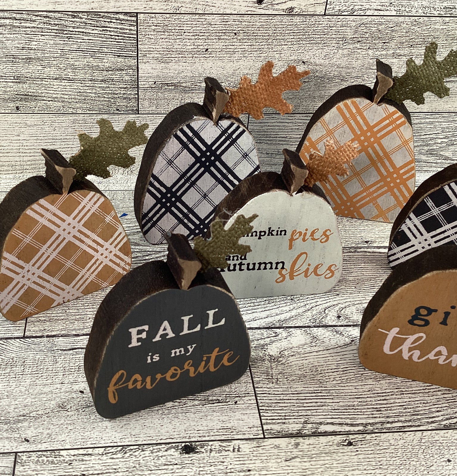 Fall Decor - Small Wood Watercolor Plaid Pumpkins Tier Tray 9pc Set