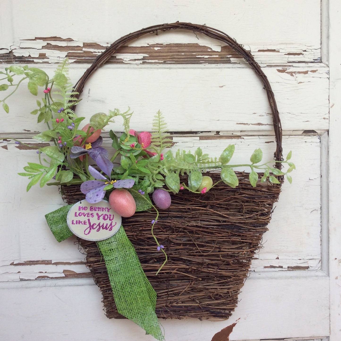 AGD Spring Easter Decor – No Bunny Loves Like Jesus Grapevine Basket Wreath