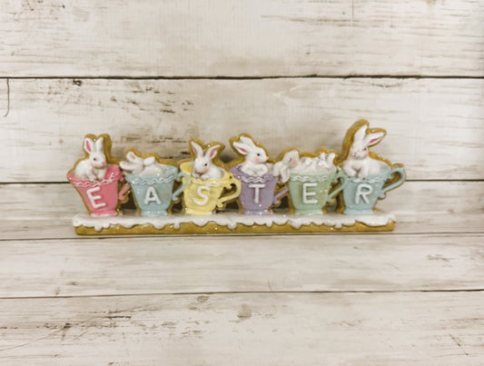 Gerson Easter Decor - Easter Bunny Coffee Cup Gingerbread Sign
