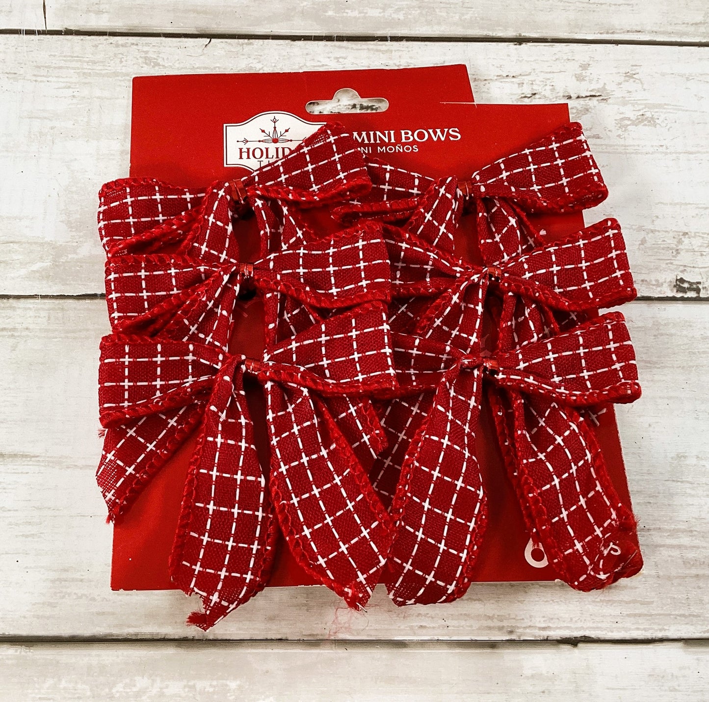 WM Christmas Decor - Small Ribbon Fabric Bows Red White Plaid 6pc
