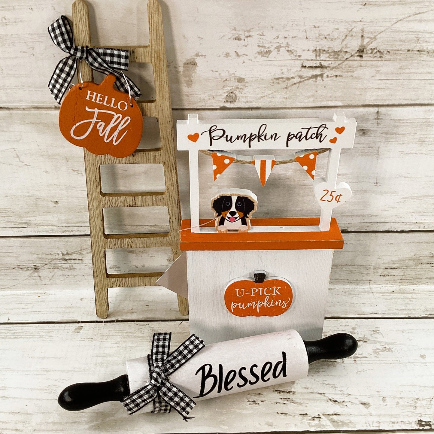 HL Fall Decor - Wood Pumpkin Patch Puppy Ladder Pin Tier Tray 3pc Set