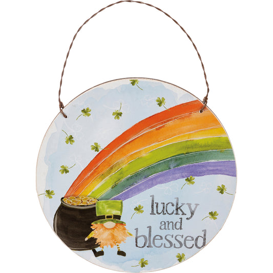PBK St Patrick Decor - Lucky and Blessed Irish Gnome Wood Sign Ornament