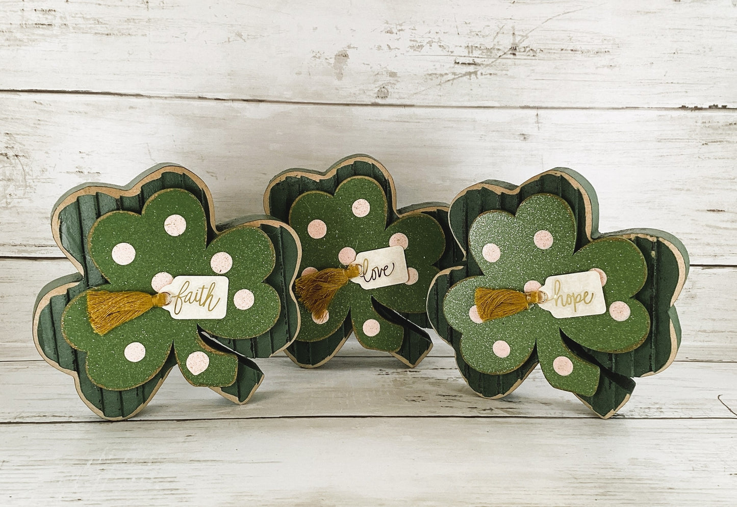AGD St Patricks Decor - Faith Hope Love Wood Shamrock 3pc Set