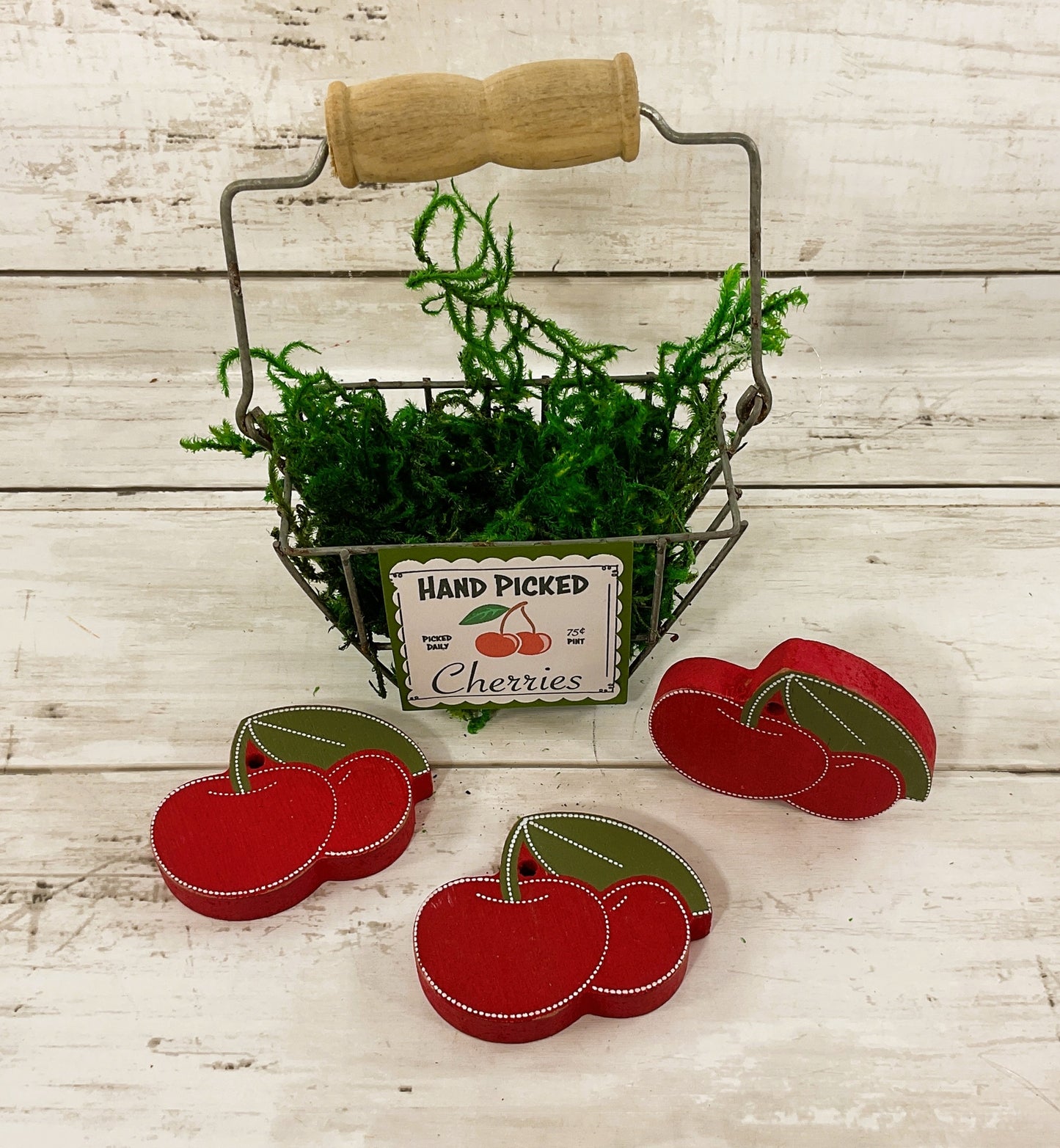 AGD Summer Decor - Hand Pick Cherries Basket Wood Cherry 4pc Set