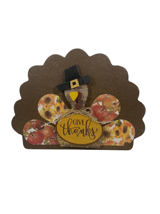 AGD Fall Decor - Reversible Give Thanks Chunky Wood Turkey Sign