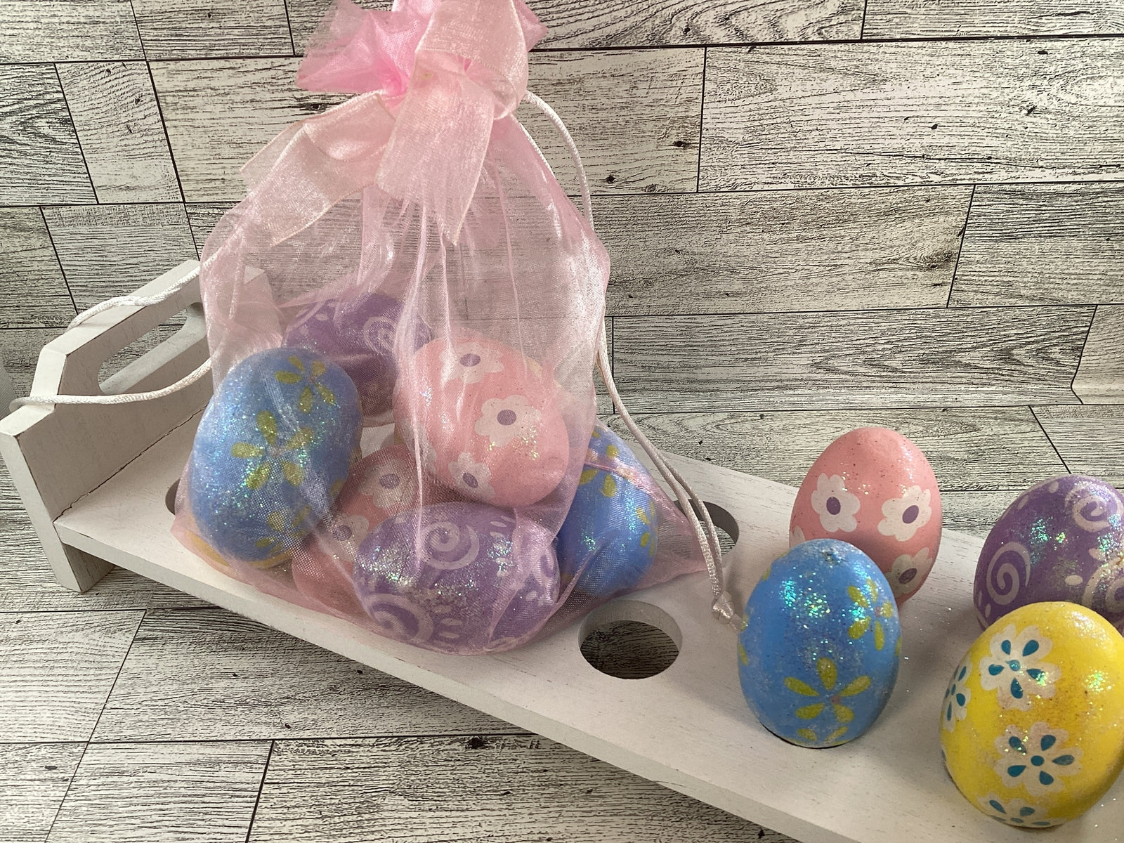 AGD Easter Decor - Spring Theme Wood Eggs with White 12-Egg Holder Stand